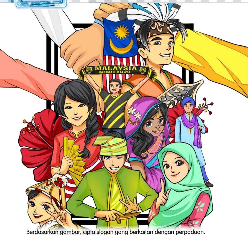 Anak-anak muda pelbagai kaum berpakaian tradisional berdiri bersama di bawah bendera Malaysia