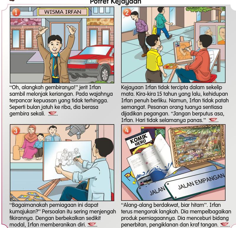 Empat gambar bersiri Irfan: gembira di hadapan Wisma Irfan, melukis potret di tepi jalan, melakar potret keluarga, dan hasil kerjanya seperti komik, risalah, lukisan dan papan tanda