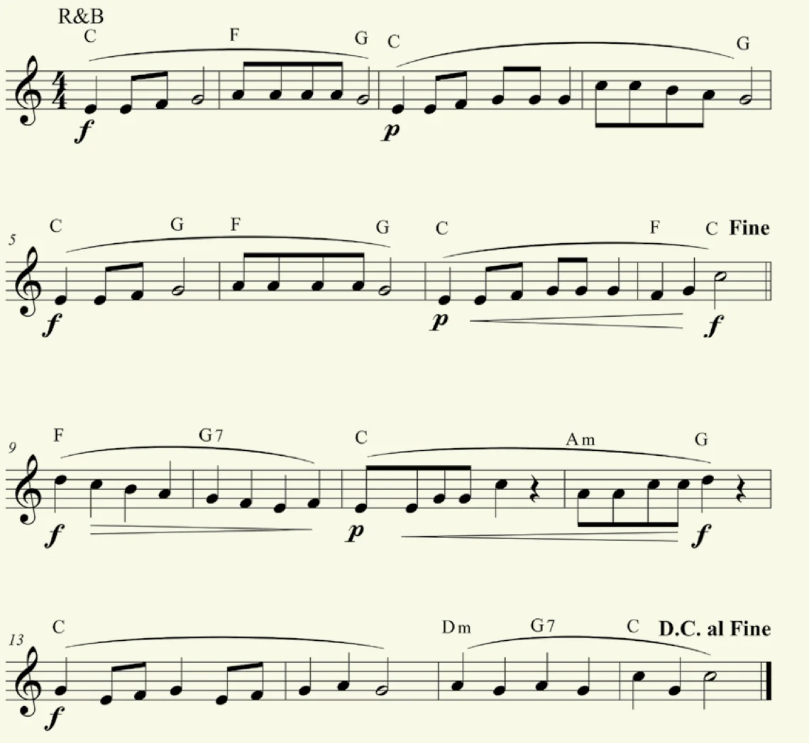 Skor lagu Rangkaian Globalisasi, 16 bar dalam empat baris, dengan kord, tanda dinamik f dan p, dan tanda Fine serta D.C. al Fine. Lirik tidak ditunjukkan.