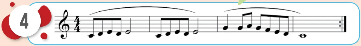 Latihan Rekoder 4: empat bar dalam meter 4/4 dengan garis lengkung frasa