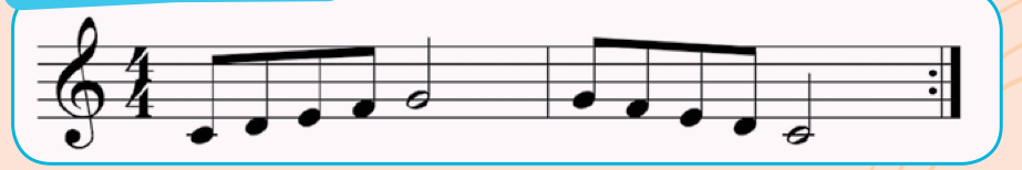 Dua bar dalam 4/4. Bar 1: C, D, E, F kuaver dan G minim. Bar 2: G, F, E, D kuaver dan C minim