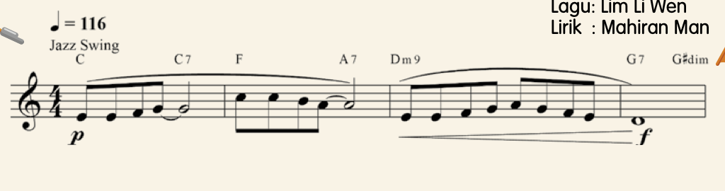 Bar 1 hingga 4 lagu Rindu: tempo krocet = 116, Jazz Swing, p pada bar 1, simbol crescendo pada bar 3 hingga 4 yang berakhir dengan f