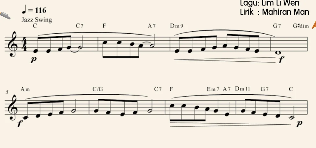 Bar 1 hingga 8 lagu Rindu: tempo krocet = 116, Jazz Swing, dinamik p pada bar 1, simbol crescendo ke f pada bar 4, f pada bar 5 dan simbol decrescendo ke p pada bar 8