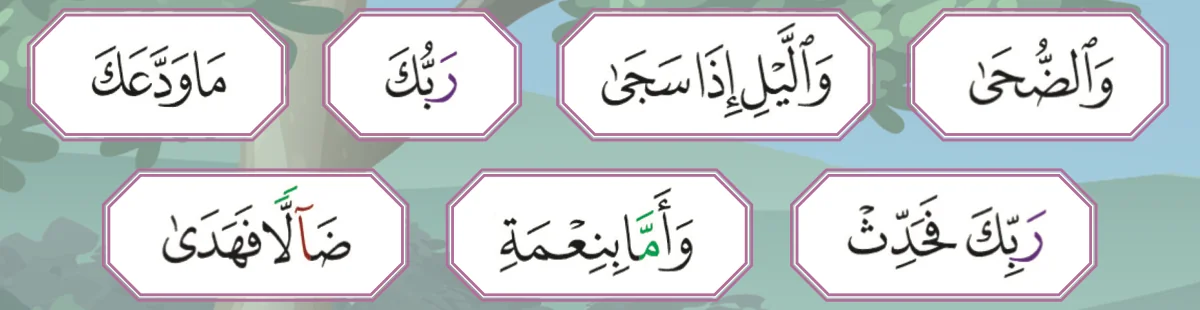 Tujuh kad kalimah dan potongan ayat daripada surah ad-Duha