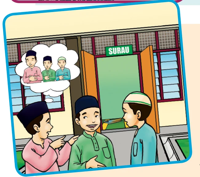 Tiga orang murid lelaki berbual di hadapan surau tentang menyampaikan ilmu agama
