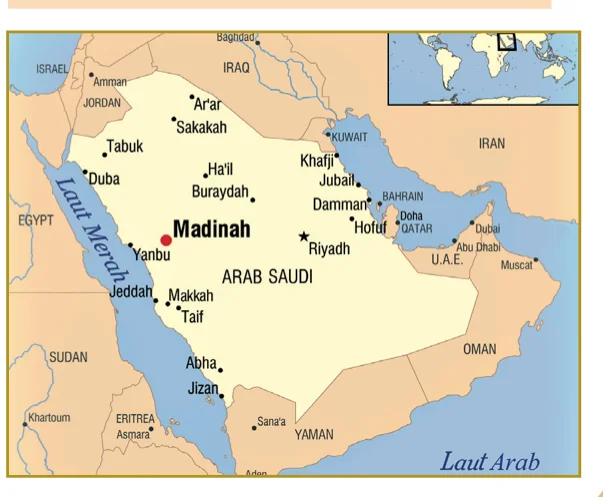 Peta Semenanjung Arab yang menunjukkan Madinah, Mekah dan Taif