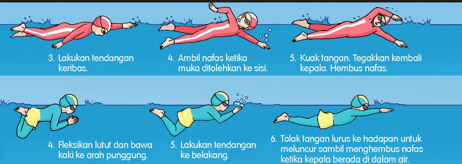 Langkah 3 hingga 5 kuak rangkak dan langkah 4 hingga 6 kuak dada