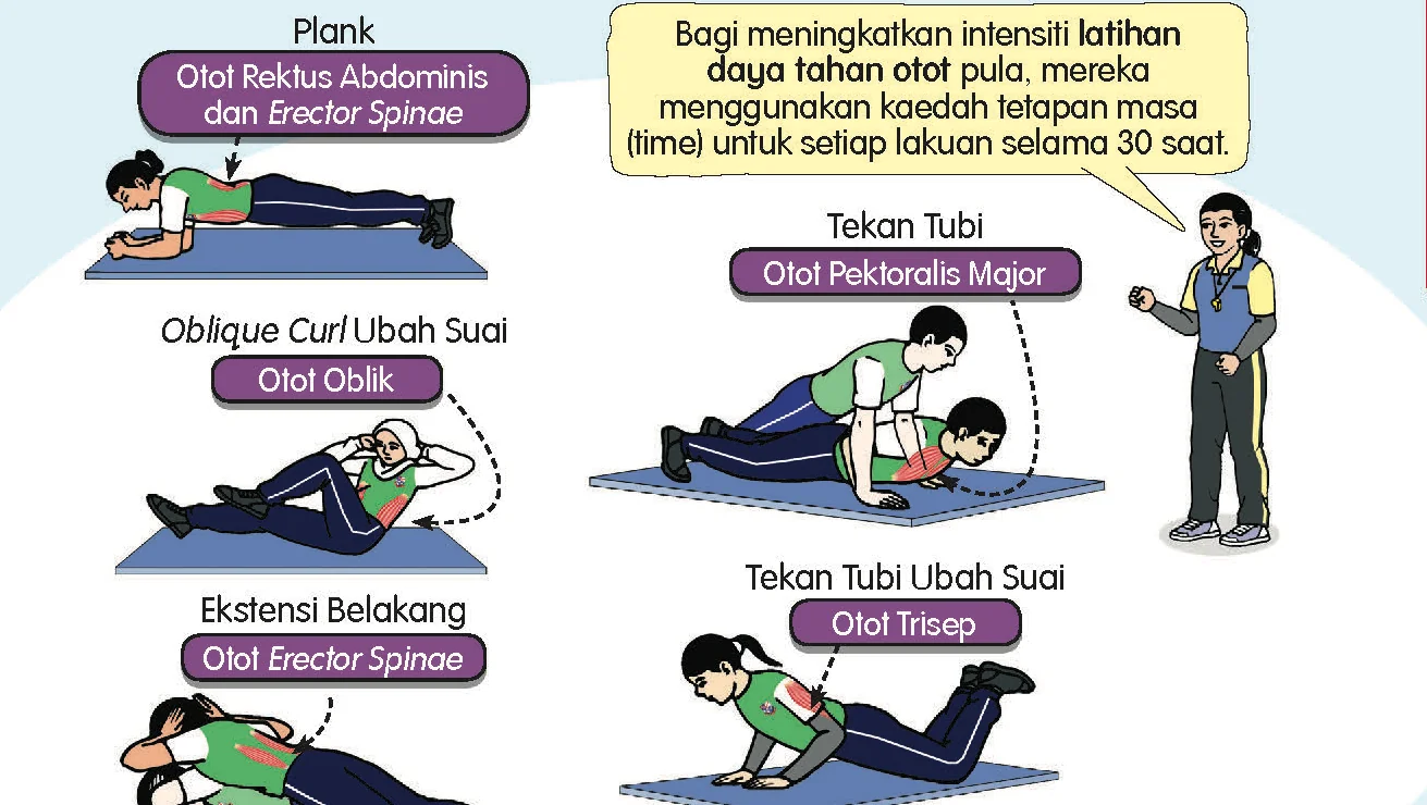 Lima senaman: plank, oblique curl ubah suai, ekstensi belakang, tekan tubi dan tekan tubi ubah suai dengan otot sasaran