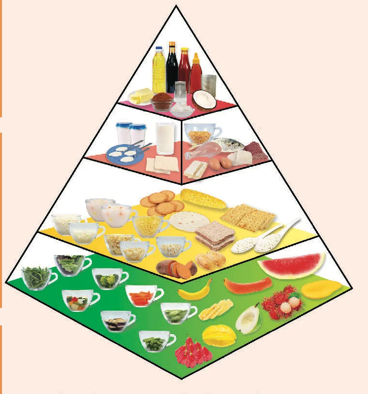 Piramid makanan Malaysia 2020 dengan empat tingkat: minyak dan gula di atas, susu, daging, ikan dan telur, bijirin, serta sayur dan buah di bawah