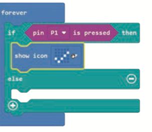 Blok MakeCode forever, if pin P1 is pressed then show icon, else