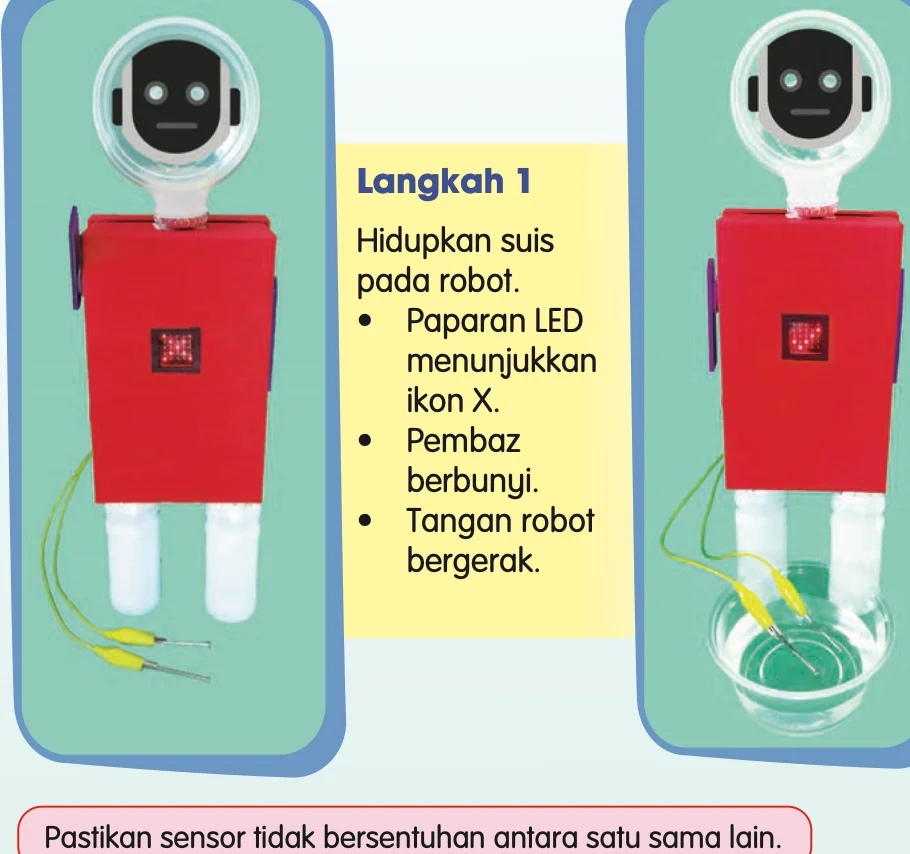 Dua gambar robot: kiri paku di luar air dan LED menunjukkan X, kanan paku di dalam air