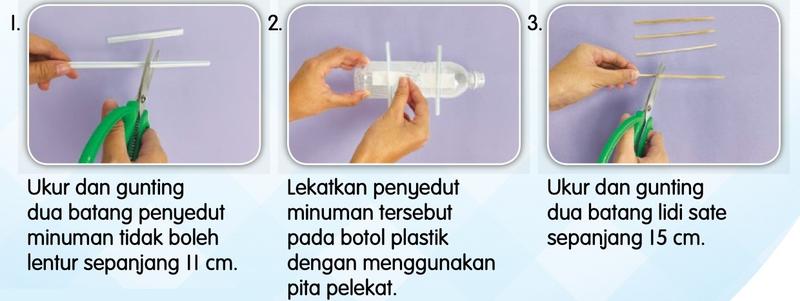 Tiga gambar langkah 1 hingga 3: mengukur dan menggunting penyedut minuman 11 cm, melekatkan penyedut pada botol, mengukur dan menggunting lidi sate 15 cm