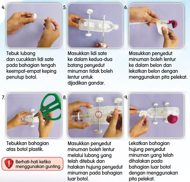 Enam gambar langkah 4 hingga 9 membina kereta belon daripada botol plastik, penutup botol, penyedut minuman dan lidi sate