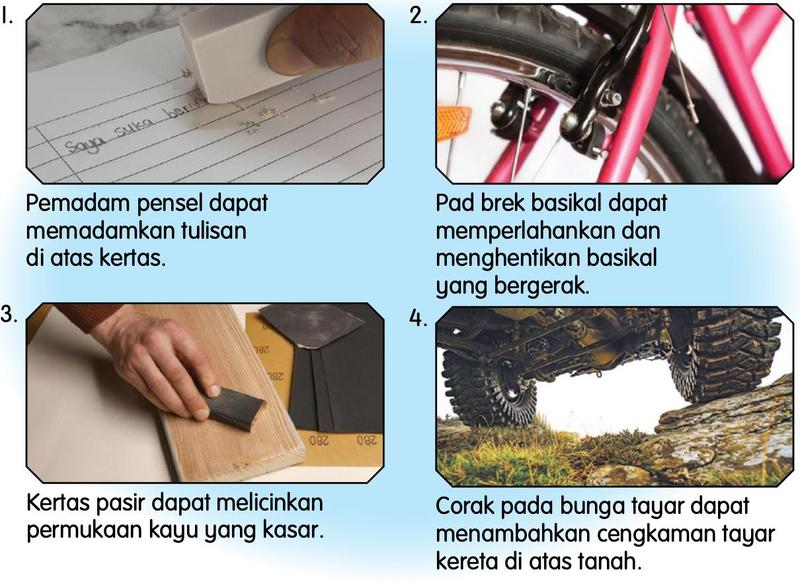 Empat gambar: pemadam memadam tulisan, pad brek basikal, kertas pasir pada kayu, tayar kereta dengan bunga tayar