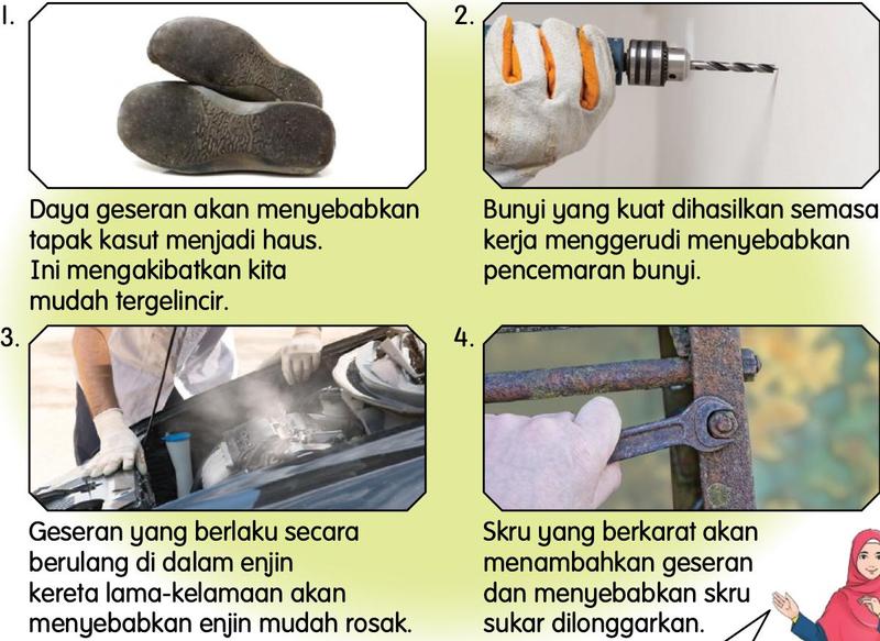 Empat gambar: tapak kasut haus, kerja menggerudi, enjin kereta, skru berkarat