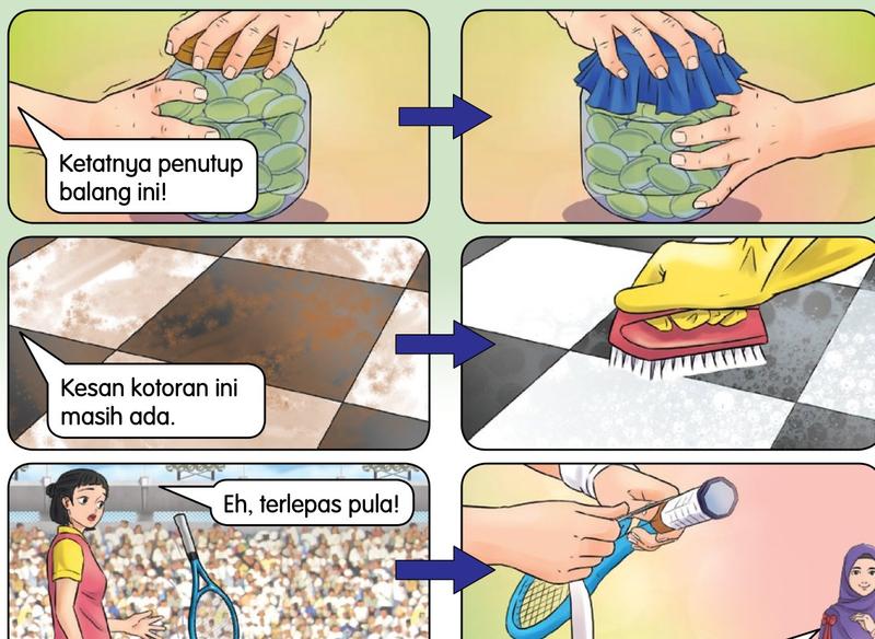 Tiga situasi: membuka balang dengan kain, menggosok lantai dengan berus, memasang grip pada raket