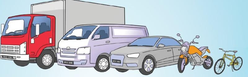 Sebuah lori, van, kereta, motosikal dan basikal berderet