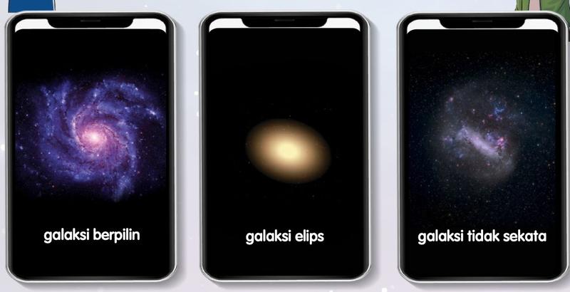 Tiga gambar galaksi dalam bingkai telefon: galaksi berpilin, galaksi elips dan galaksi tidak sekata