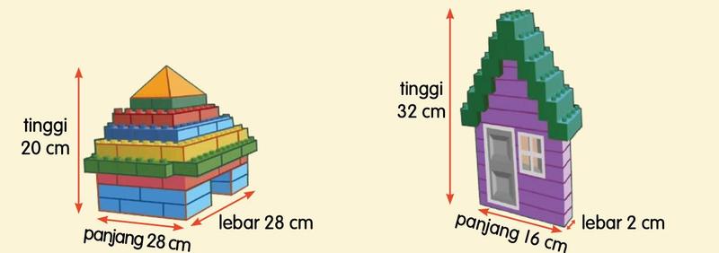 Dua binaan blok. Binaan Adam rendah dan lebar: tinggi 20 cm, panjang 28 cm, lebar 28 cm. Binaan Raju tinggi dan sempit: tinggi 32 cm, panjang 16 cm, lebar 2 cm.