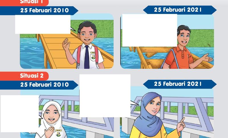 Situasi 1: jambatan kayu pada 25 Februari 2010 dan pada 25 Februari 2021. Situasi 2: jambatan besi pada 25 Februari 2010 dan pada 25 Februari 2021.