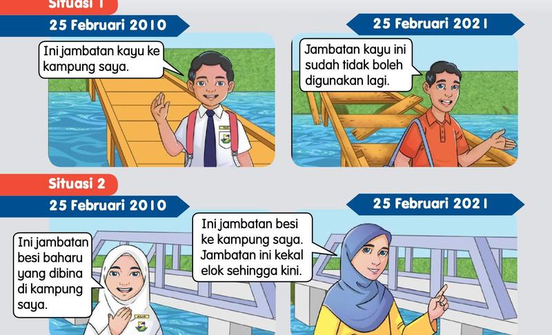 Situasi 1: jambatan kayu pada tahun 2010 dan sudah rosak pada tahun 2021. Situasi 2: jambatan besi pada tahun 2010 dan masih elok pada tahun 2021.