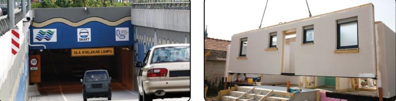 Pintu masuk terowong SMART dan sebuah rumah pasang siap yang diangkat oleh kren