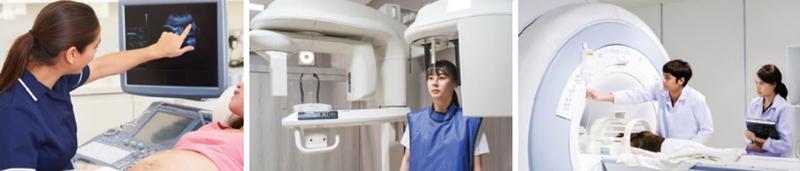 Tiga mesin perubatan: mesin ultra bunyi dengan jururawat, mesin sinar-X dengan pesakit dan mesin MRI dengan doktor