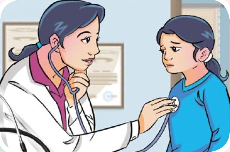 Seorang doktor mendengar degupan jantung seorang murid dengan stetoskop