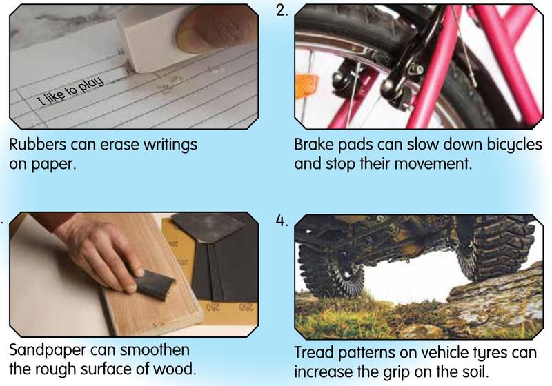 Four photos: rubber erasing, bicycle brake pads, sandpaper on wood, tyre treads on soil