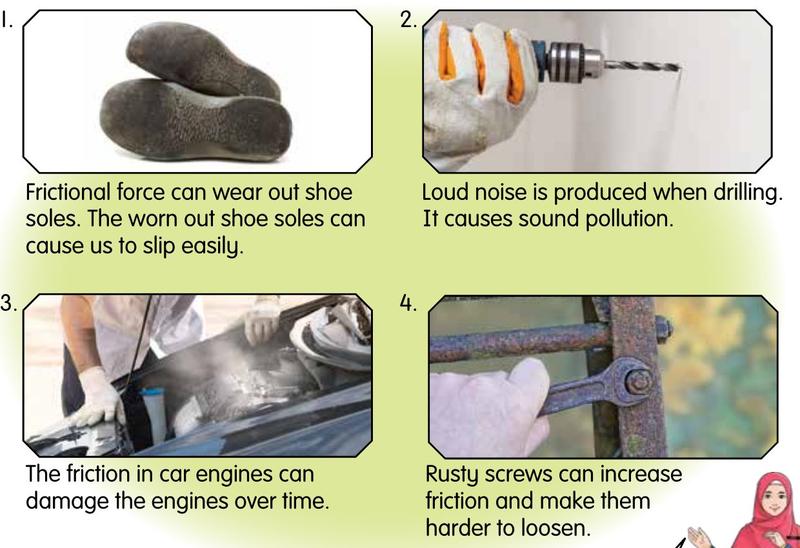 Four photos: worn shoe soles, drilling, car engine, rusty screw