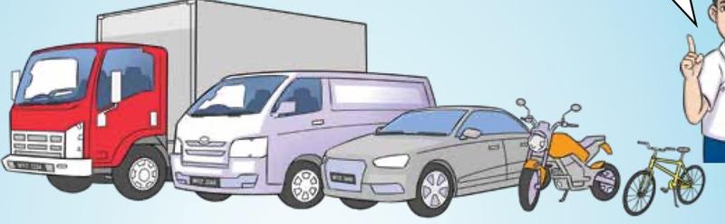 A lorry, a van, a car, a motorcycle and a bicycle in a row