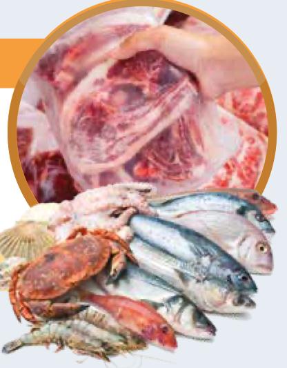 Raw beef, fish and seafood
