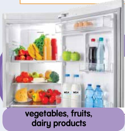 A refrigerator holding vegetables, fruit and milk