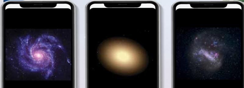 Three galaxy pictures: a galaxy with curved arms, a smooth oval glow and one with no clear shape