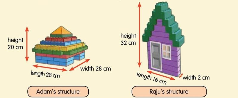 Two block structures. Adam's is low and wide: height 20 cm, length 28 cm, width 28 cm. Raju's is tall and narrow: height 32 cm, length 16 cm, width 2 cm.