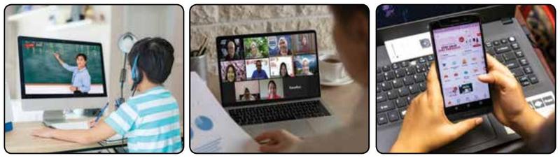 Online teaching, an online meeting and online shopping on a laptop and a phone