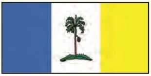 Bendera dengan jalur biru, putih dan kuning; sebatang pokok pinang berada di tengah jalur putih
