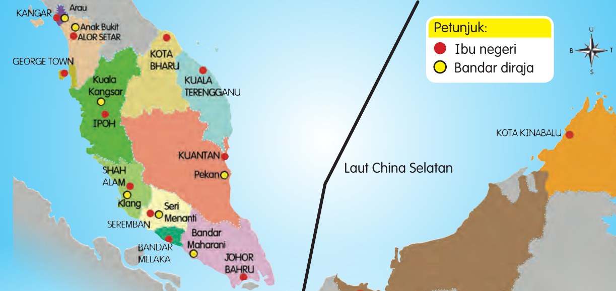 Peta Semenanjung Malaysia dan sebahagian Sabah dan Sarawak dengan titik merah bagi ibu negeri dan bulatan kuning bagi bandar diraja
