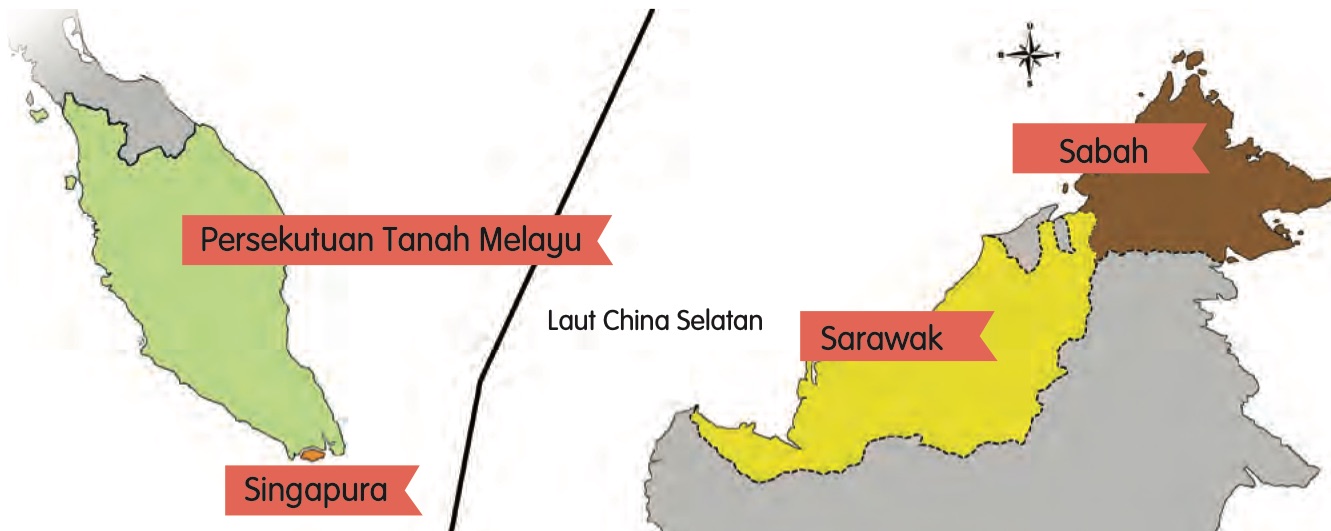 Peta bertanda Persekutuan Tanah Melayu berwarna hijau, Sarawak berwarna kuning, Sabah berwarna perang dan sebuah kawasan kecil berwarna oren di hujung selatan Semenanjung bertanda Singapura