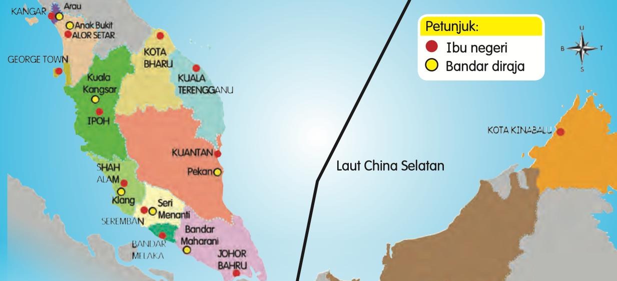 Peta Semenanjung dan Sabah dengan titik merah bagi ibu negeri dan bulatan kuning bagi bandar diraja