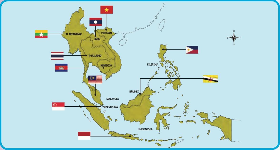 Peta Asia Tenggara dengan nama dan bendera sepuluh negara anggota ASEAN