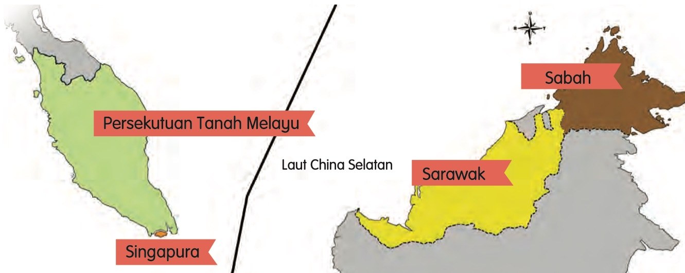 Peta bertanda Persekutuan Tanah Melayu, Singapura, Sarawak dan Sabah dengan Laut China Selatan di tengah