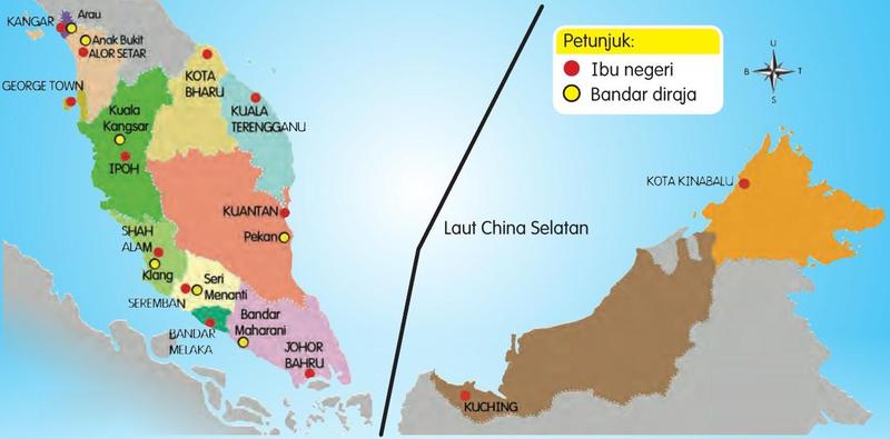Peta Malaysia menunjukkan ibu negeri (titik merah) dan bandar diraja (bulatan kuning)