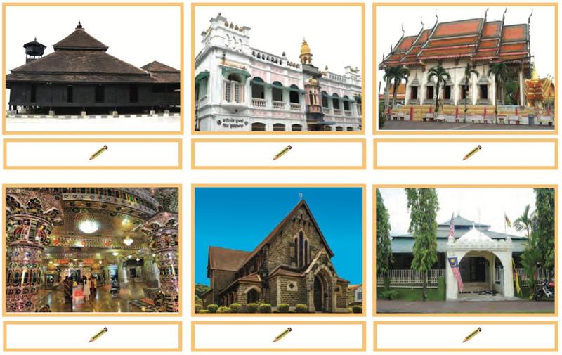 Enam gambar rumah ibadat dalam dua baris: masjid kayu, bangunan putih bercorak merah jambu, wat bumbung merah, kuil berhias kaca, gereja batu dan masjid putih berbumbung hijau