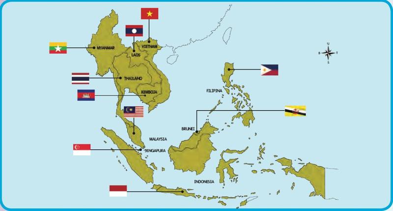Peta Asia Tenggara dengan bendera sepuluh negara anggota ASEAN