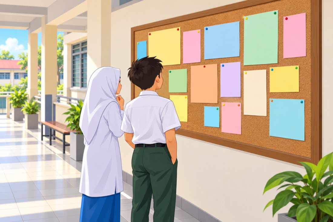 Two Form 1 pupils reading a school notice board