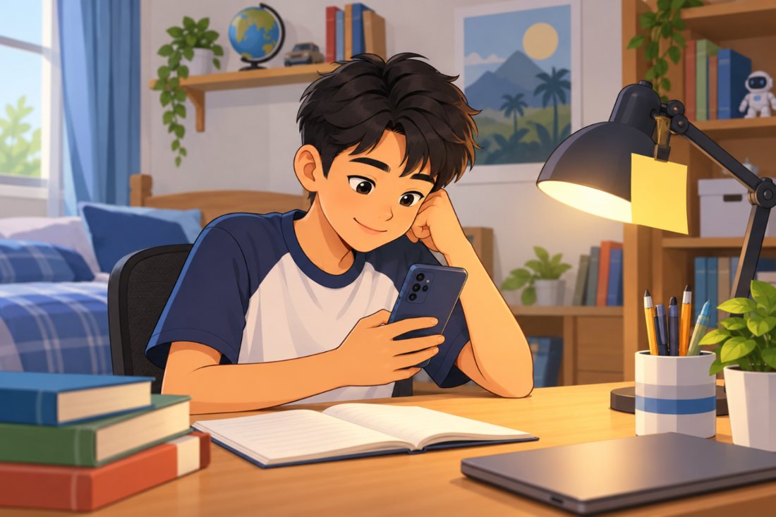 A student at his study desk reading a message on his phone
