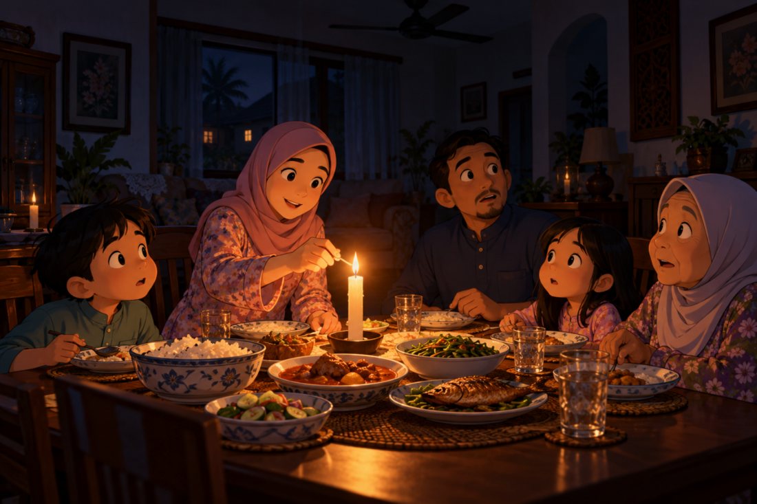 A family at the dinner table when the lights go out; the mother lights a candle