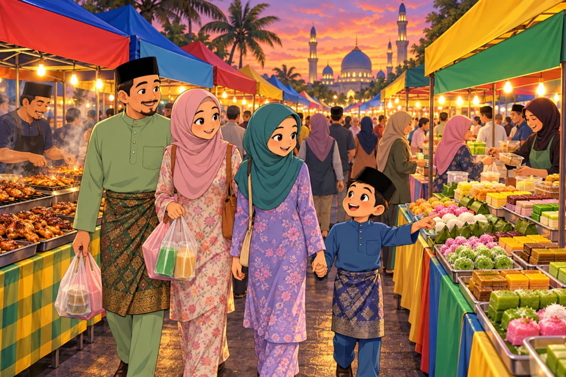 A family walking through a Ramadan bazaar at dusk