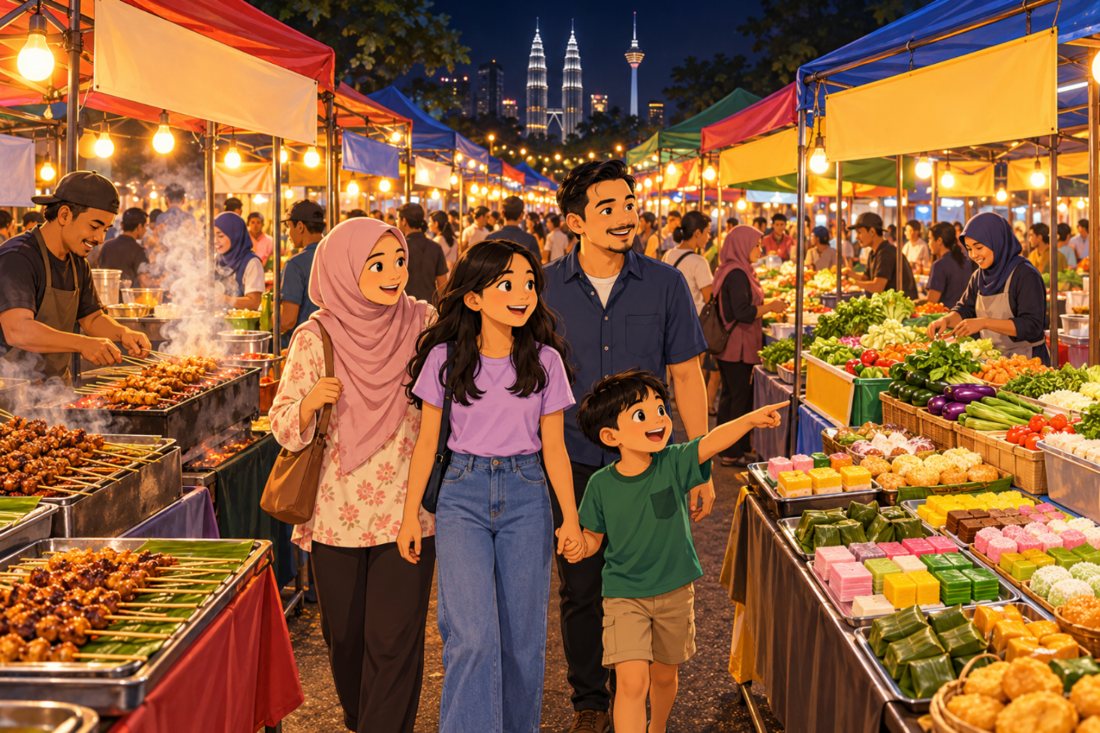 A family walking through a busy night market with food stalls